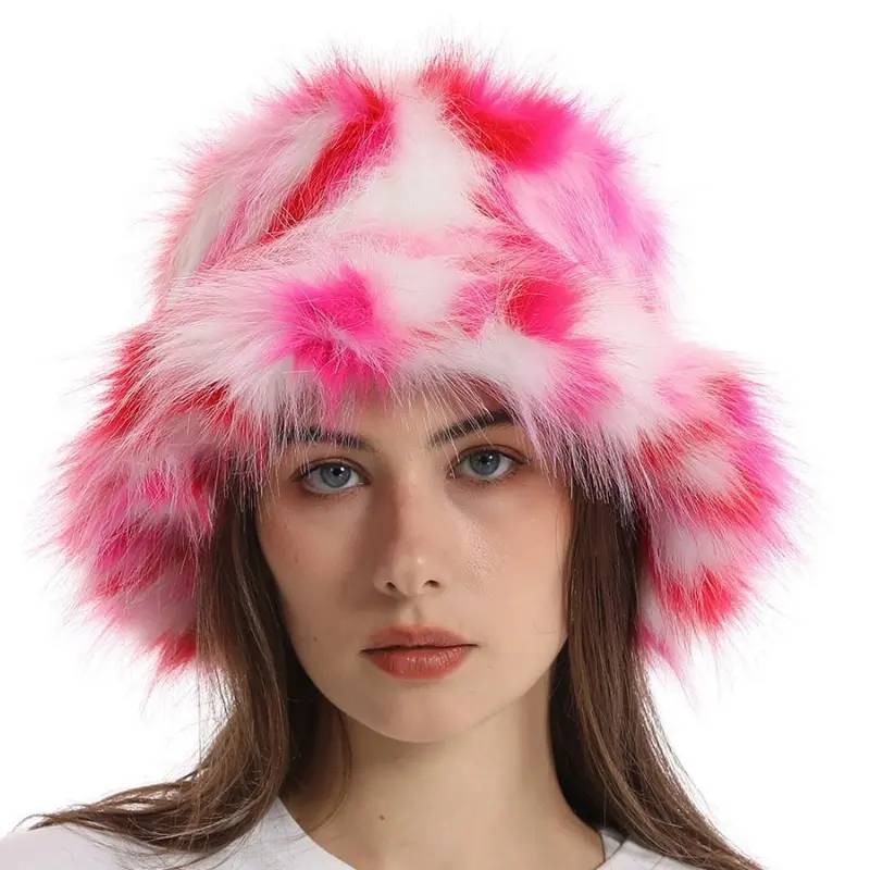 Women's Rainbow Faux Fur Bucket Hat, Colorful Fluffy Fox Fur Look Fisherman Cap, Thick Warm Winter Headwear, Trendy Statement Hat for Outdoor, Party and Street Outfits