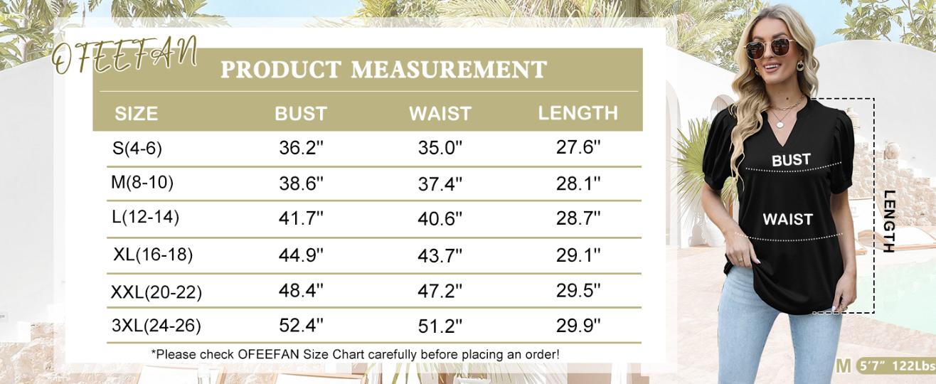 WIHOLL Women's Pleated Puff Sleeve Tops Summer V Neck Tunic Shirts Loose Curved Hem Blouses Dressy Casual S-3XL Fabric Fashion women's summer outfits plus size summer outfit SpringStatements