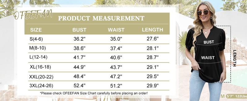 WIHOLL Women's Pleated Puff Sleeve Tops Summer V Neck Tunic Shirts Loose Curved Hem Blouses Dressy Casual S-3XL Fabric Fashion women's summer outfits plus size summer outfit