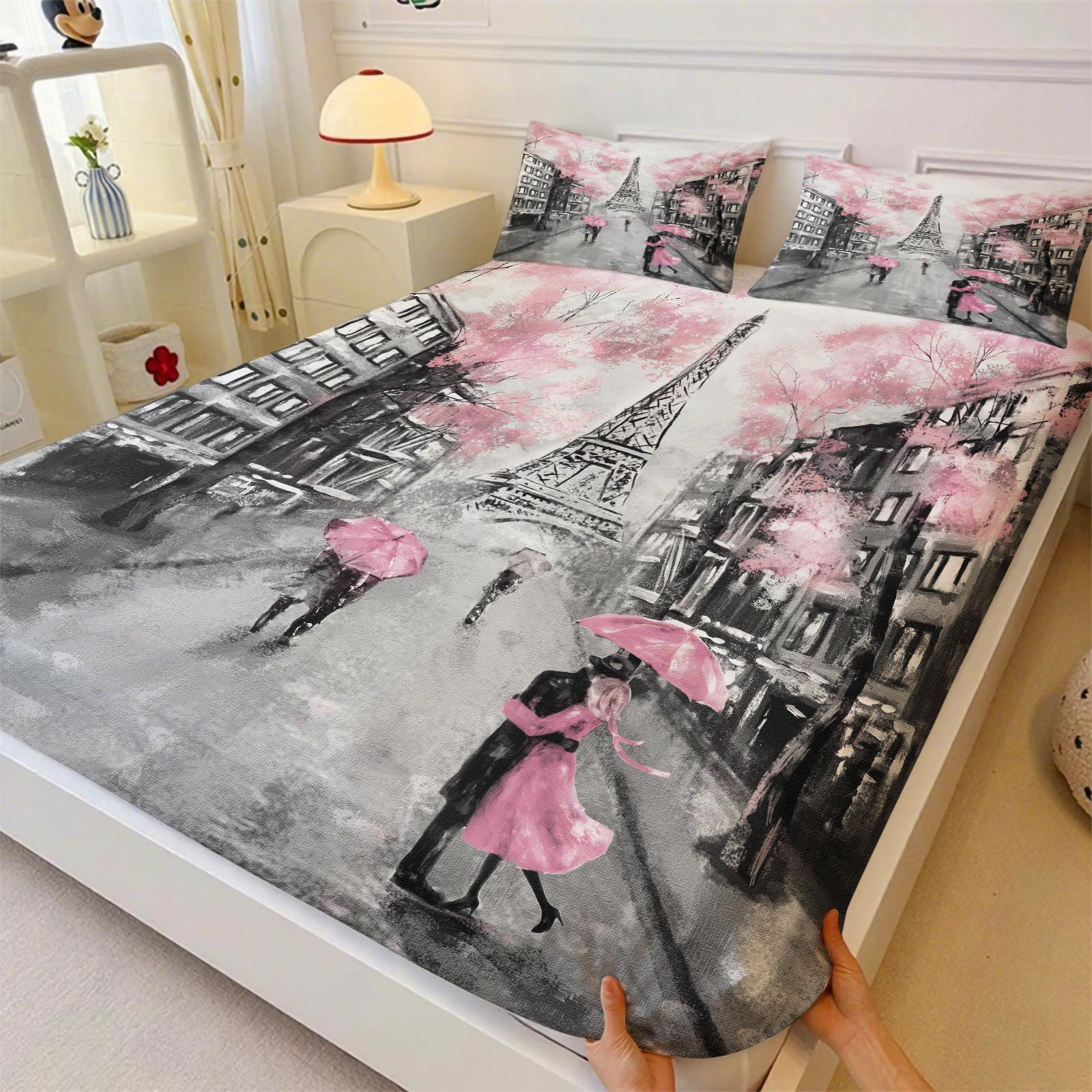 Paris Tower Print Bed Sheet Set, Comfortable Printed Pattern, Includes 1 Fitted Sheet & 2 Pillowcases, Anti-Slip Dustproof Cover