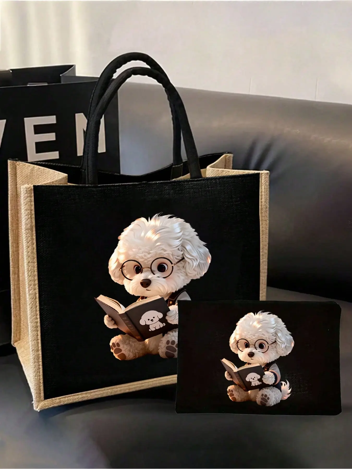 Cute Poodle Handbag, Linen Patched Large Canvas Shoulder Bag, Zipper Makeup Bag, Multi-Use Travel Bag Set