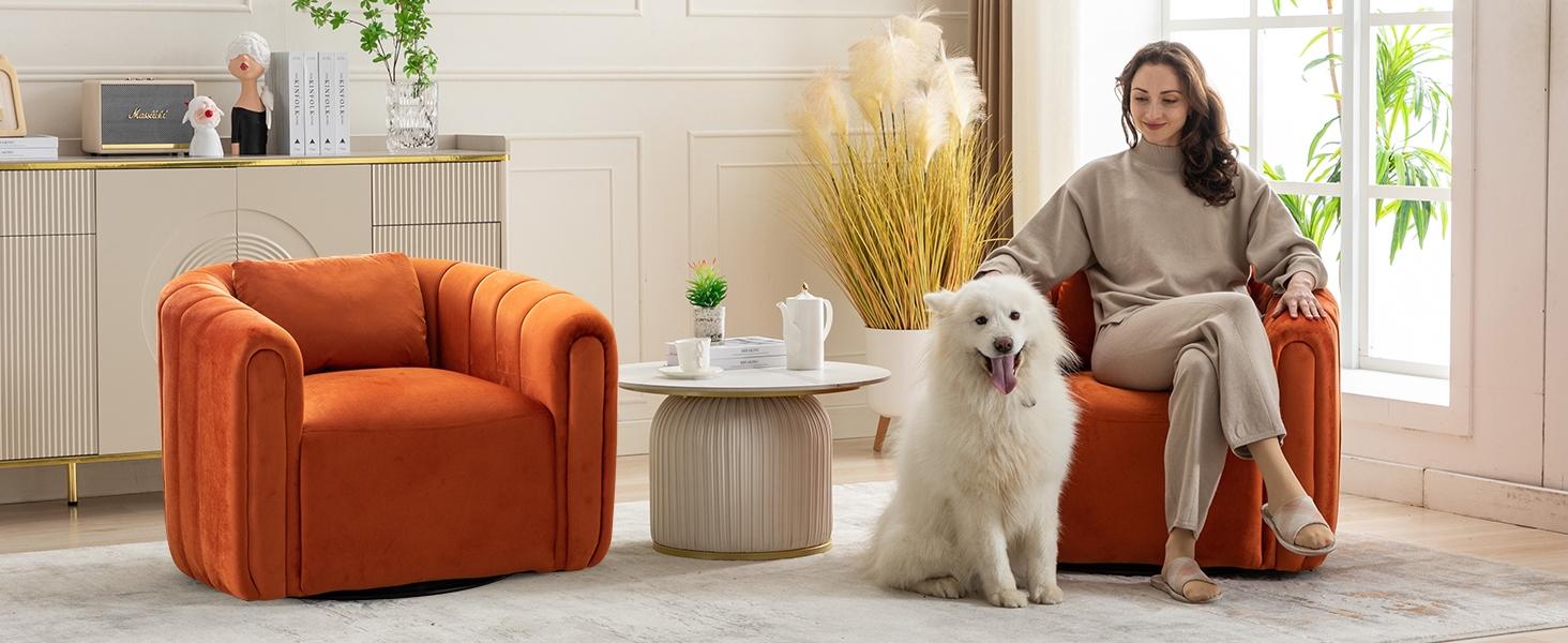 [SpringStatements] Ebello Swivel Feature Chair with Plump Pillow, Modern Channel Dutch Velvet Upholstery Chair, Comfortable Round Armchair, Swivel Bucket Chair for Kindergarten Living Room Bedroom