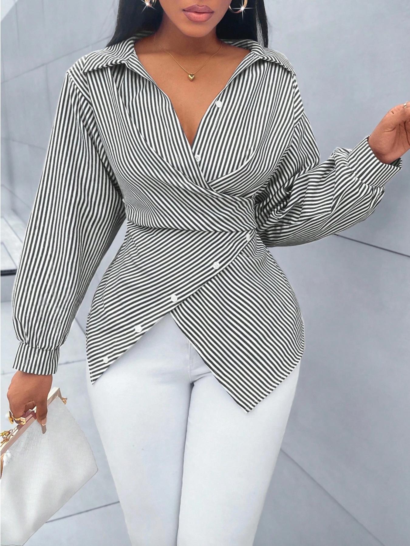 Women's Striped Print Button Front Collared Casual Shirt, Button Down Shirt,Asymmetrical Hem ,Wrap Blouse,Long Sleeve,Fitted,Elegant,Daily Commuting,Going Our,All Season