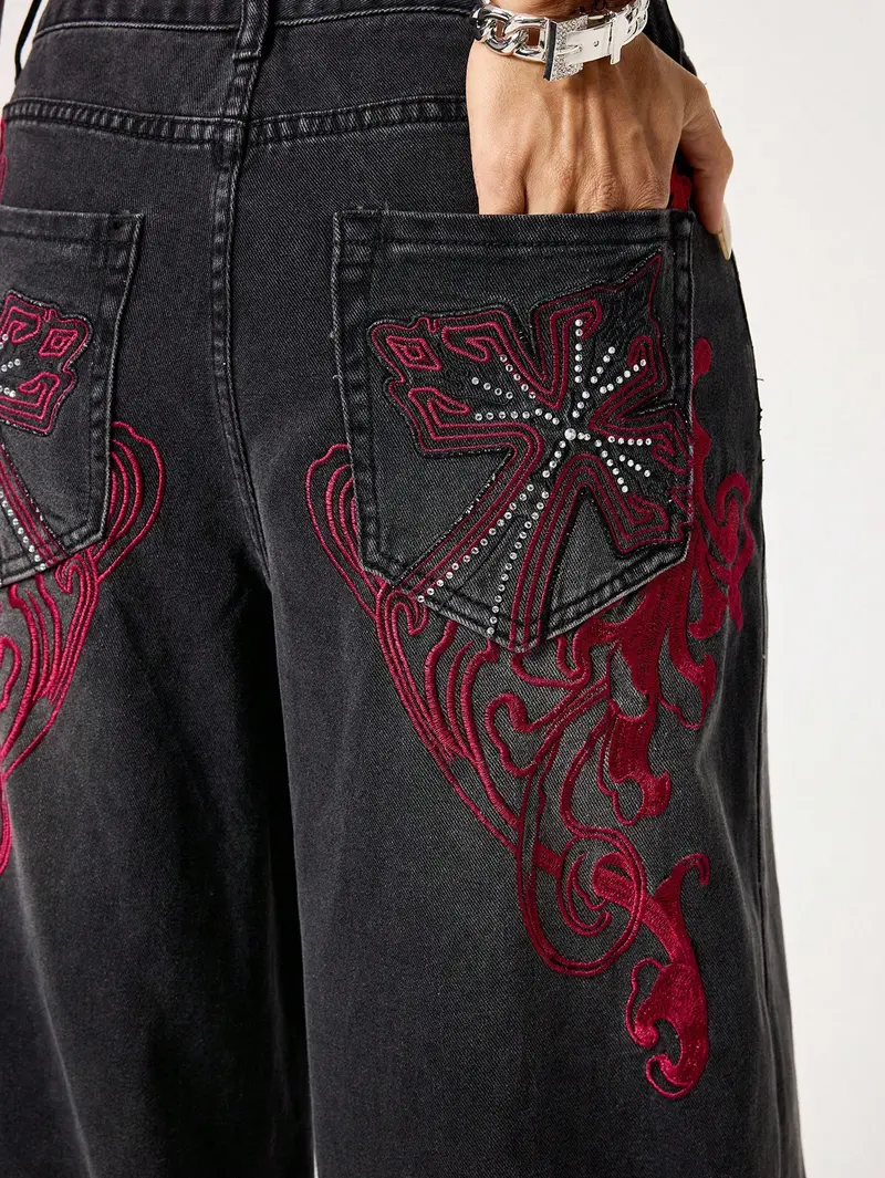 High Waist Black Washed Baggy Wide Leg Oversized Jeans for Women, Red Tribal Cross Embroidery Loose Fit Urban Hip Hop Denim Pants, Trendy Streetwear Trousers for US & Latin Girls Daily Casual Outfits