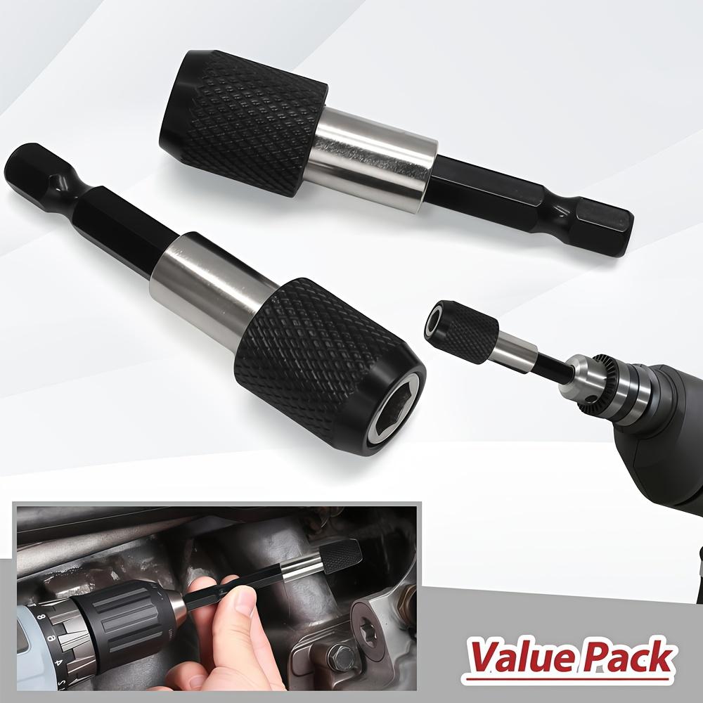 Set of 5 Magnetic Bit Holders with 1/4" Hex Shank, designed for quick release. These enhanced features include a drill bit extension rod and a chuck adapter suitable for screws and nuts.