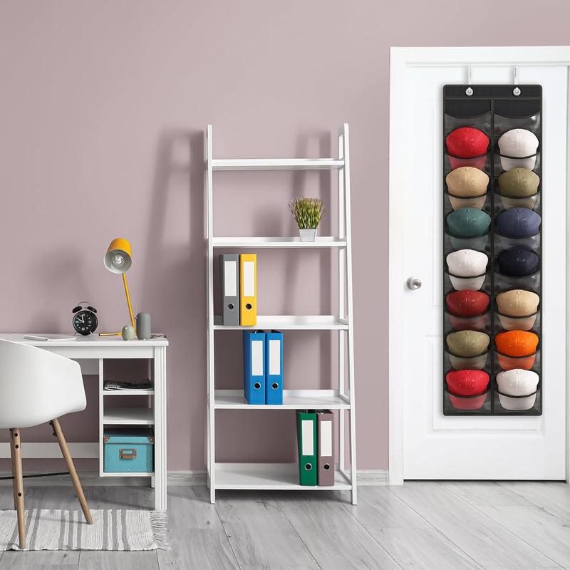 Baseball Hat Rack, 16/27 Pocket Over The Door Cap Organizer Cap Hat Holder Hanger For Closet With Large Clear Pockets & 2 Hooks, Hat Storage to Protect and Display, Black