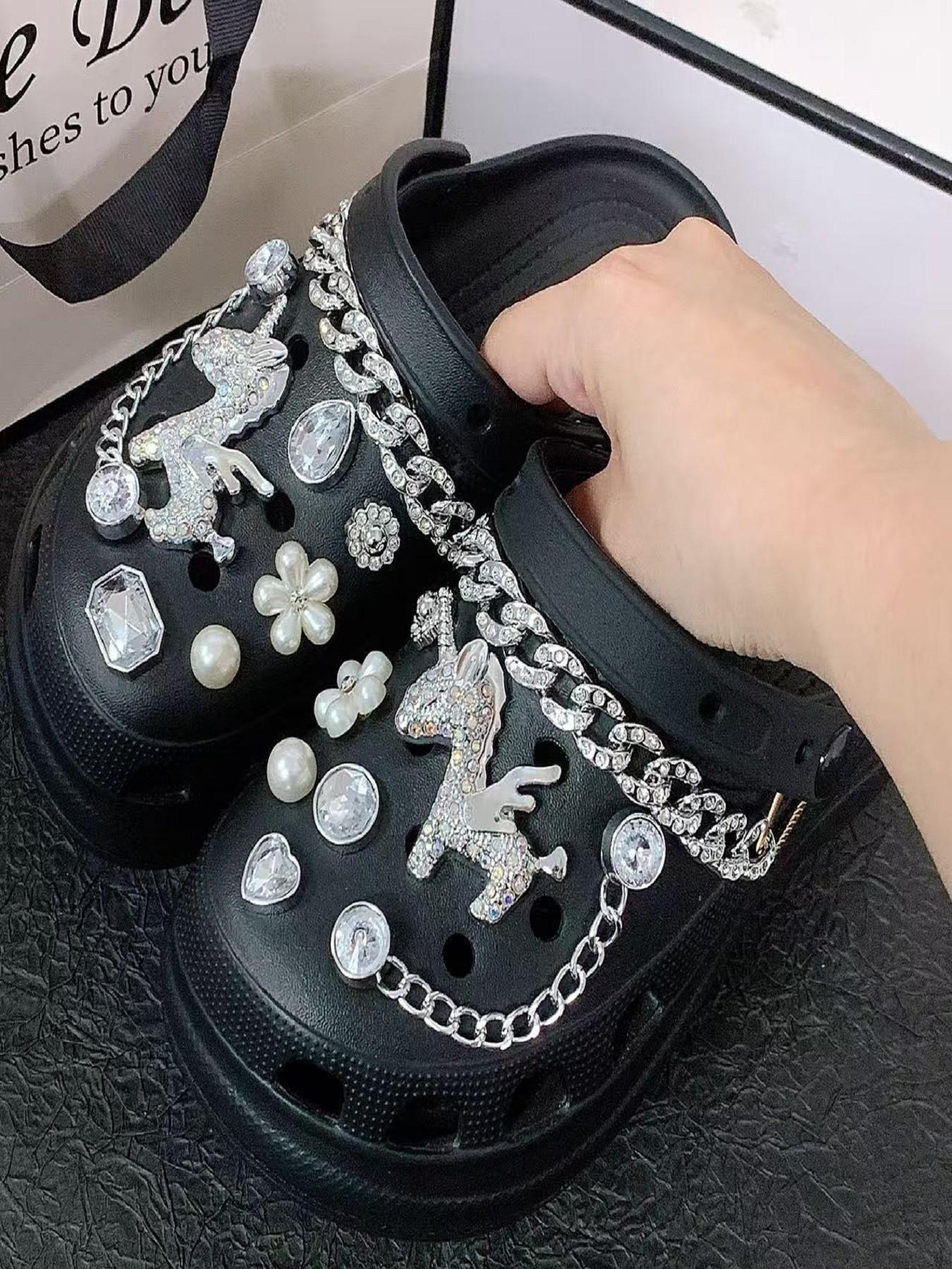 New 16pcs Hole Shoe Decoration Accessories Chain Small Horse Set Silver Color Rhinestone Chains, Detachable Hole Shoes Parts