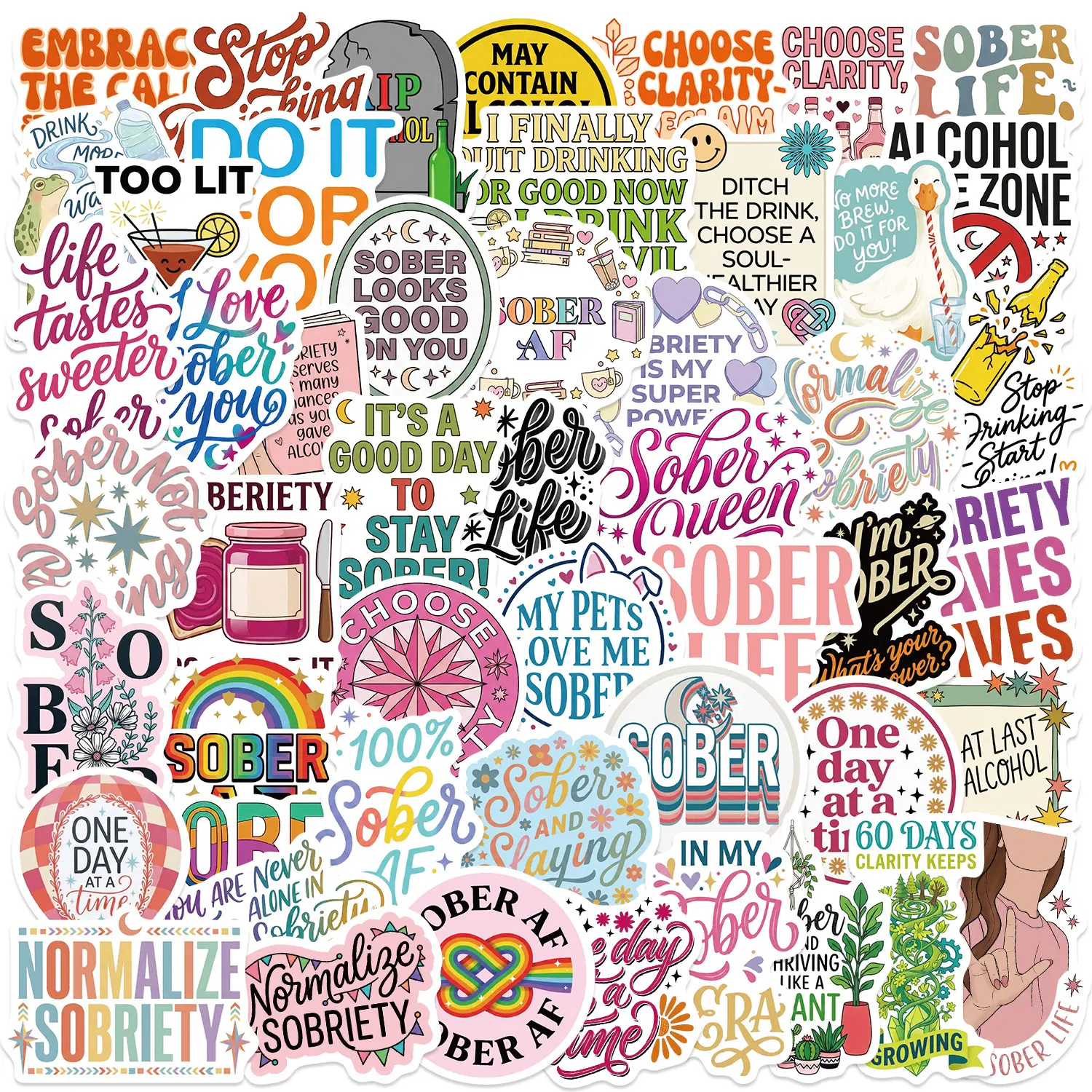 50 Pieces Sober Living Inspirational Alcohol Abstinence Quote Stickers, Office Supplies Suitable for Scrapbooks, Journals, Laptops, Water Bottles, Cars and More, Creative Birthday Gifts
