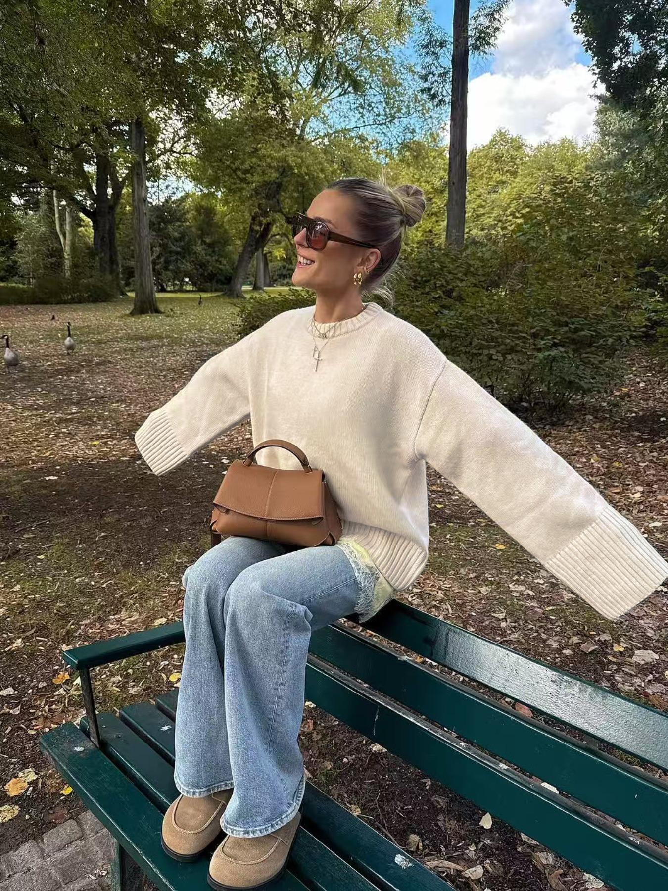 Women's Fall Winter Solid Color Round Neck Long Sleeve Casual Loose Knit Pullover Sweater, Simple Knitted Woolen Top Knitwear