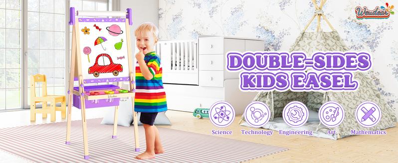 【Kids Easel】Easel for Kids,Adjustable Wooden Kids Art Easel with Paper Roll,Double-Sided Magnetic Toddler Easels,Dry Erase Whiteboard and Chalk Board,Toys for 3 4 5 6 7 8 9 10 Year Old Girl Boy Gift