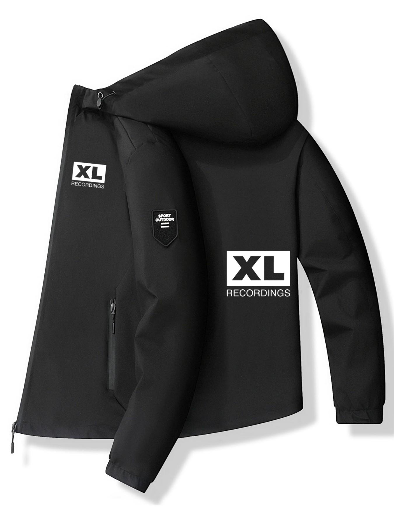 Xl Letter Hooded Jacket, Polyester Fabric, Bold Frame Print, Slim-Fit Casual Style, Spring & Fall Fashion Outerwear