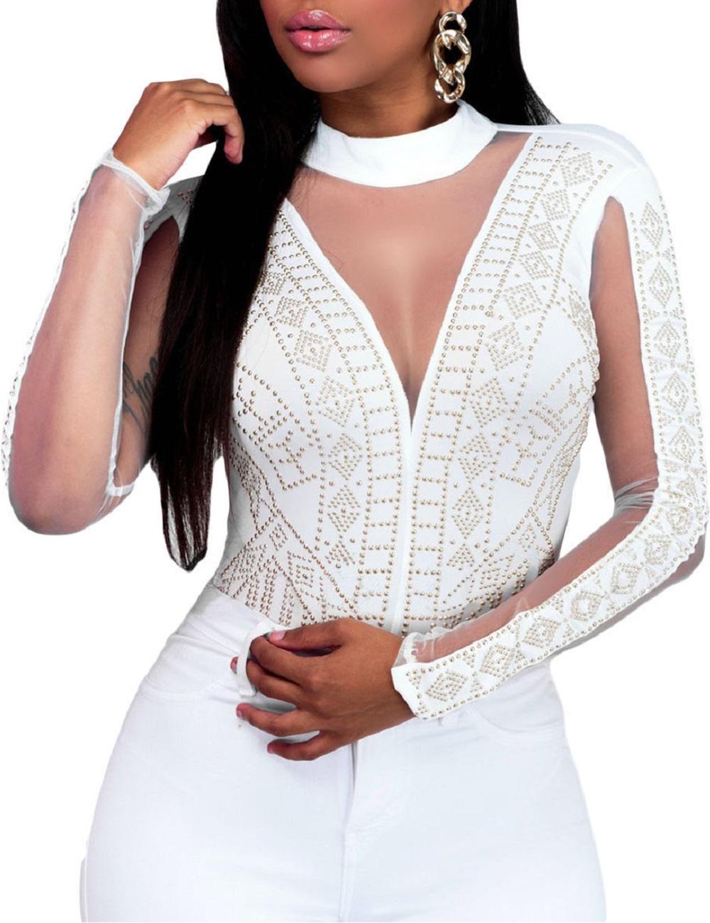 Women's Viral Sheer Mesh Turtleneck Neck See Through Leotard Bodysuit Body Top，Elegant Rhinestone Mesh Bodysuit，Silver Studded Sheer Long Sleeve Top，Staple，party.