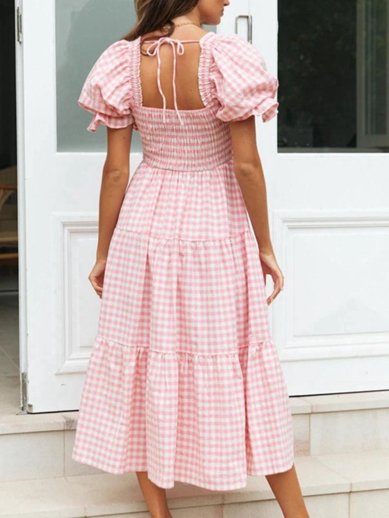 Women's Gingham Print Bubble Sleeve Dress, Casual Short Sleeve Square Neck A Line Dress for Summer, Women's Clothing for Daily Wear