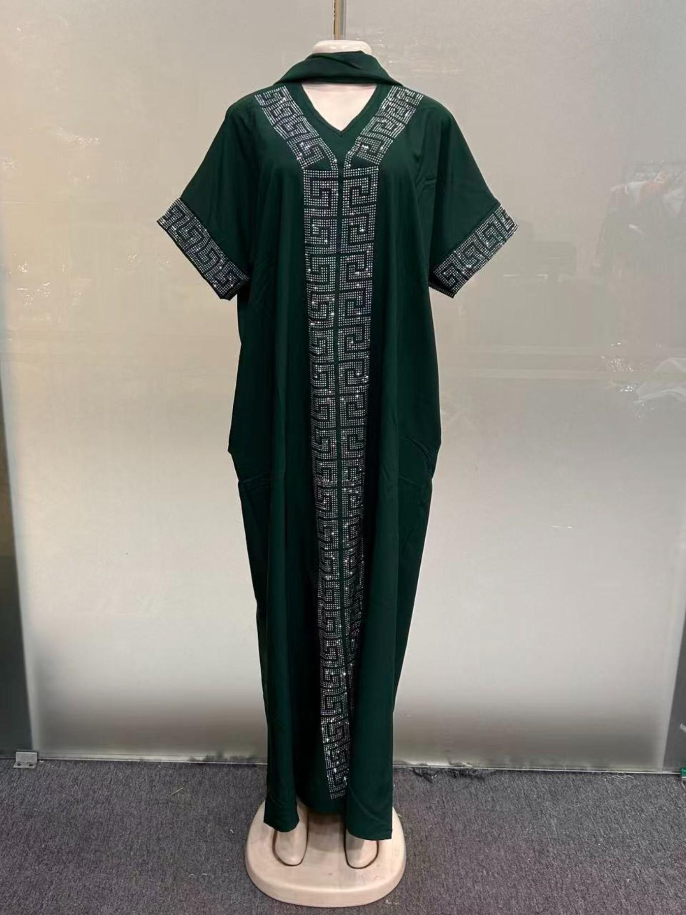 African Nigerian Style Women's Dress, Rhinestone Loose Ethnic Boubou Kaftan, Elegant Solid Color Daily Party Muslim Robe, with Scarf and Pockets 2026
