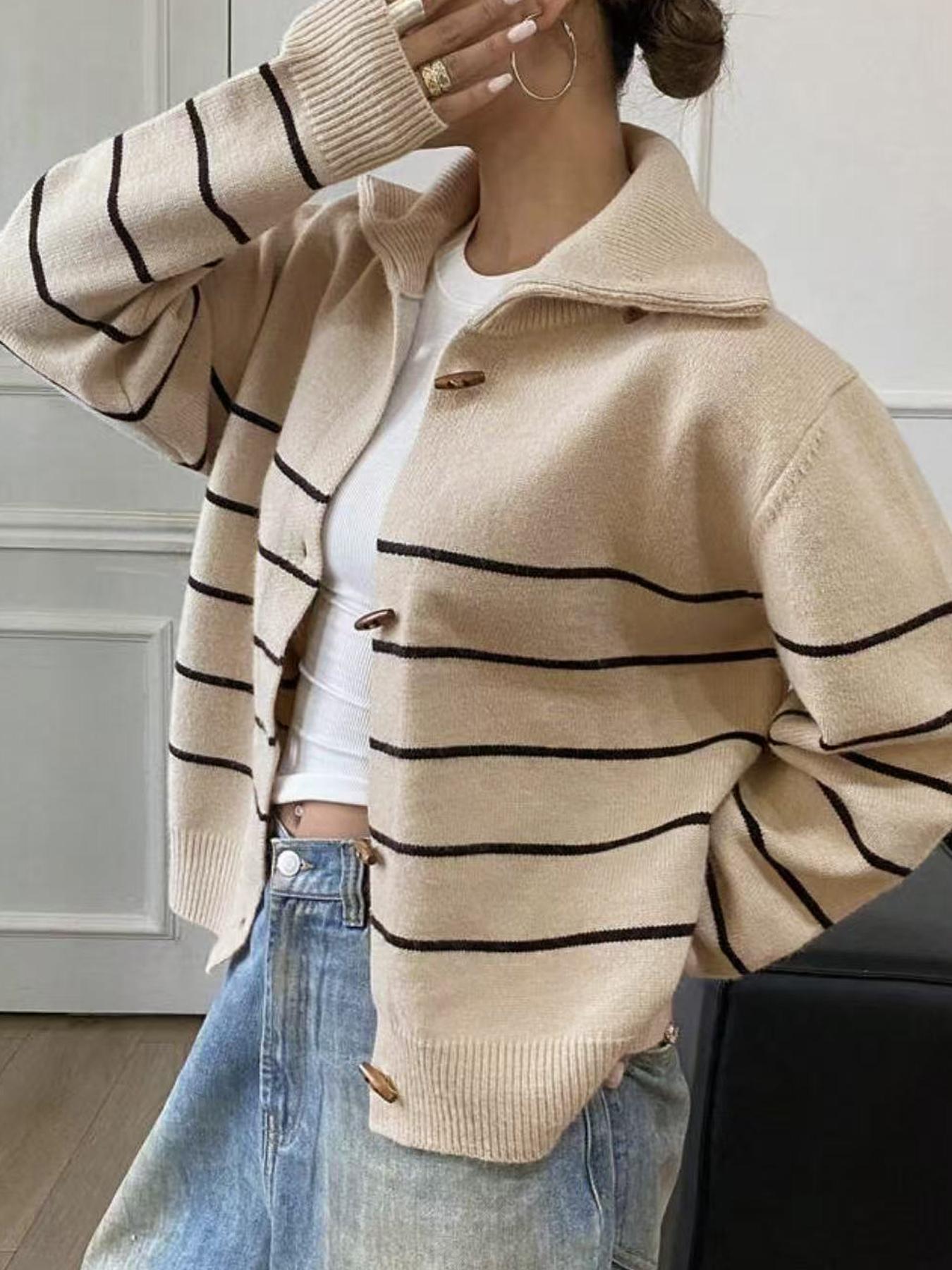 Autumn Winter Striped Button Front Sweater Coat, Fashion Casual Loose Elegant Chic Knitwear Outerwear, Stylish Women's Clothing