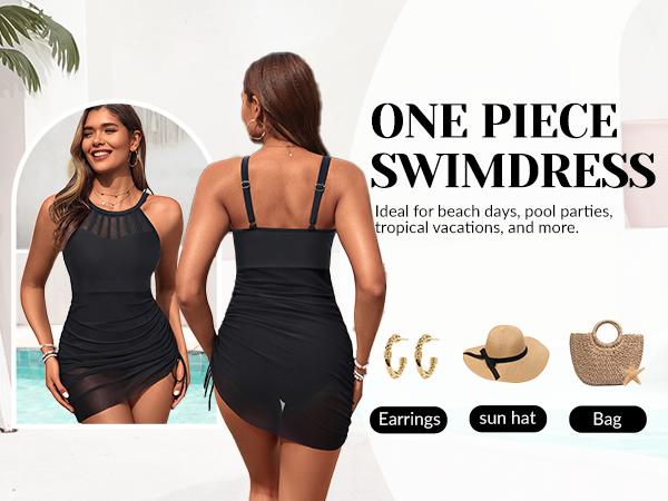 Yonique Womens Swim Dress One Piece - Swimsuit with Skirt Tummy Control Bathing Suit High Neck Mesh Swimwear 2026