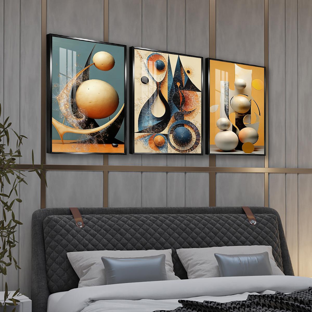 3 Counts Aluminum Alloy Framed Painting, Abstract Geometric Shapes And Spheres Art Pictures, Home Decoration For Living Room, Bedroom, Office, Restaurant, Hallway Wall Decor, Odorless Print Artwork, Luxury Perfect Gift For Friends And Family