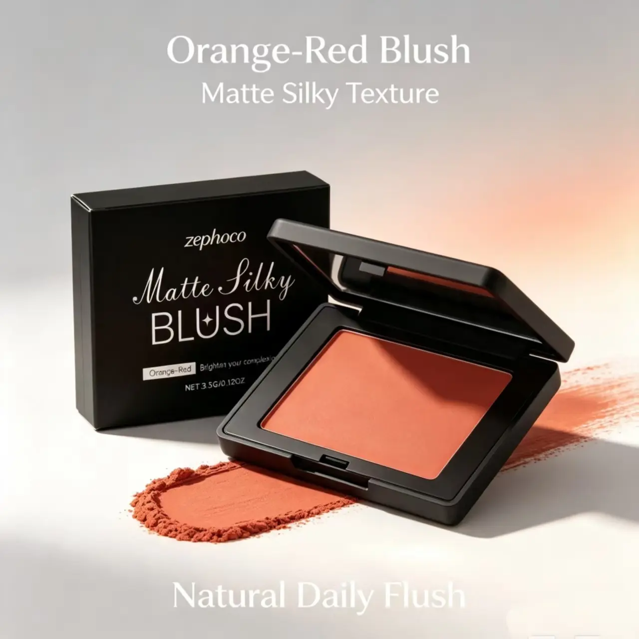 Zephoco Orange-Red Matte Powder Blush - Daily Portable, Long-Wearing, Sheer Natural Finish, Skin-Friendly, Lightweight, Silky Smooth, Waterproof with Blend Brush & Secure Lid,dew,perfect,soft,mauve,,small,mirror,