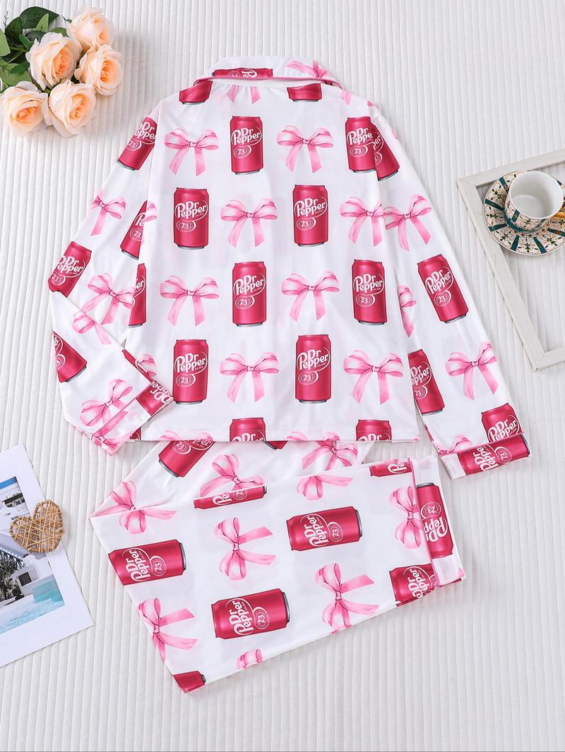 Women's Fall Winter Long Sleeve Sleepwear Set, Casual Soda Print Soft Fabric PJ Set, Comfortable Lapel Top & Wide Leg Pants