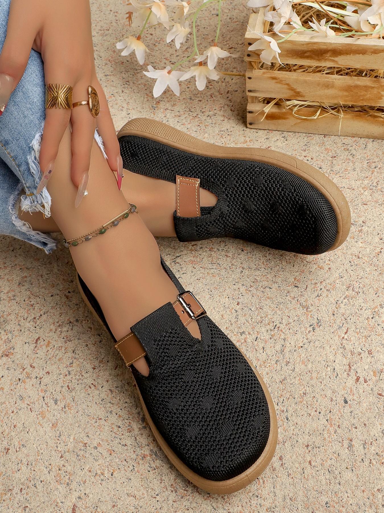 Women's Multicolor Flyknit Mary Jane Flat Shoes, Breathable Mesh, Leather-Like Buckle, Soft Rubber Sole, Comfortable Casual Footwear