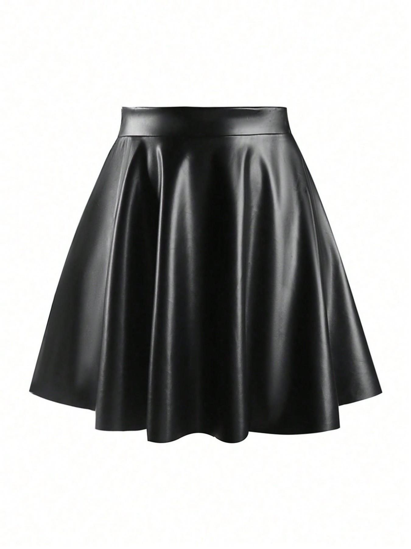 Plus Size Women’s Faux Leather Skater Skirt, High Waisted Flared Mini Skirt, Sexy A-Line Party Skirt for Going Out, Clubwear, Date Night and Casual Chic Outfits