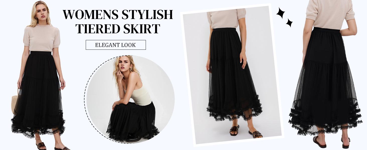 Women's Maxi Tulle Skirt Long Tiered A Line Mesh Tutu Fairy High Elastic Waist Pleated Layered Skirts