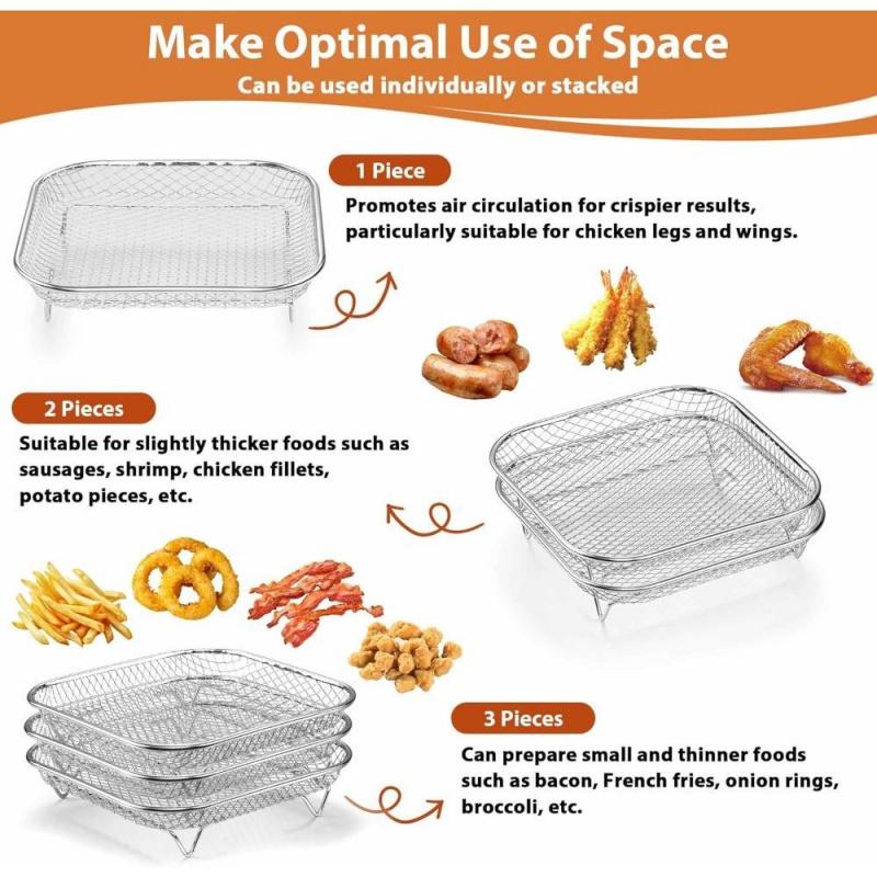 3-Piece Stainless Steel Dehydrator Rack Set, Stackable 8-Inch Square Air Fryer Rack with Silicone Feet, Oven & Deep Frying Safe