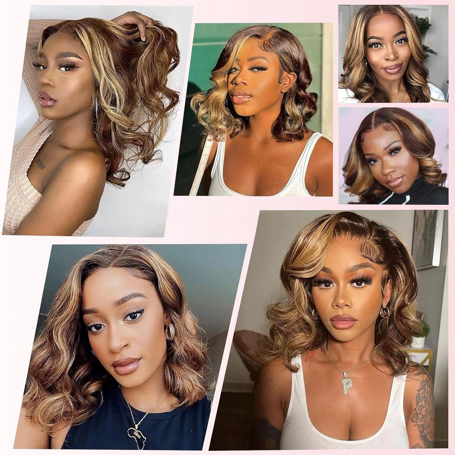 Highlight Bob Wig Human Hair 13x4 HD Lace Front Wigs Human Hair Pre Plucked Hairline Frontal Glueless Short Body Wave Bob Wigs for Black Women Human Hair Ombre Brown Honey Blonde P4/27 Loose Wave SpringStatements