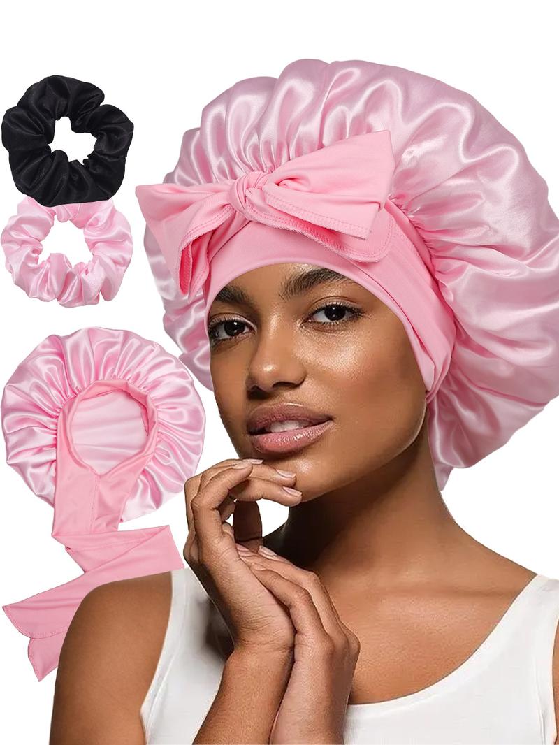 Women's Satin Bonnet with Tie, Soft Breathable Sleep Cap, Fashionable Plain Color, Comfortable Hair Protection Hat + 2 Silk Hair Ties