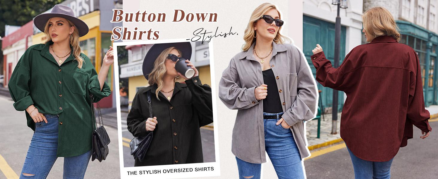 IN'VOLAND Womens Plus Size Corduroy Shirt Long Sleeve Button Down Shirts Fall Blouses Tops Casual Jacket Shacket Loose Fit Lightweight