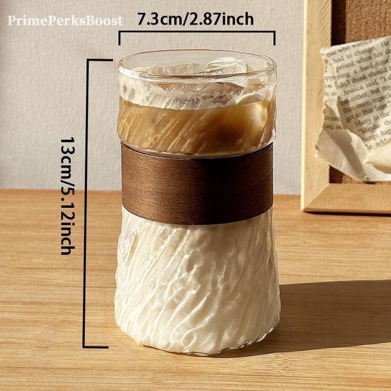 Aesthetic Glacier Textured Borosilicate Glass Tumbler with Wooden Sleeve, Thickened Heat Insulated Coffee Cup, Food Grade BPA Free, Easy Clean, Dishwasher Safe for Iced Coffee Whiskey,Home Office Bar Daily Use, Housewarming Birthday Gift for Coffee Lovers