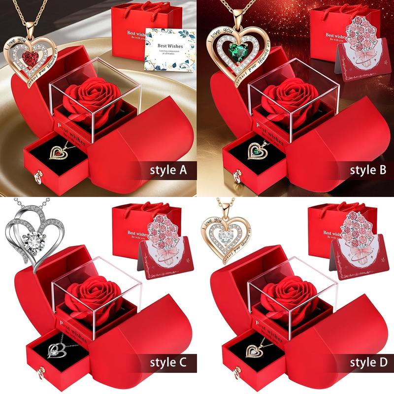 Rose Party Gift Box with Love Heart Necklace, 1 Set Romantic Rose Gift Box with “I Love You” Jewelry Necklace, Gift for Mom, Wife or Girlfriend, Birthday Gift