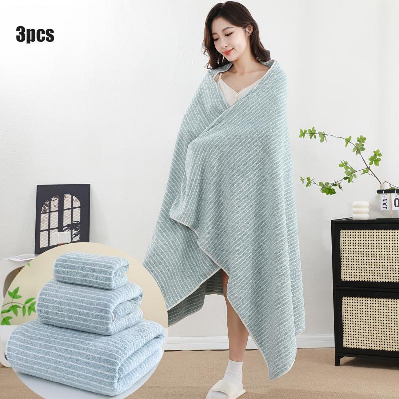 3-Piece Bathroom Towel Set with Striped Pattern - 1 Bath Towel + 1 Hand Towel + 1 Washcloth, Soft Absorbent Fabric for Family Daily Use & Guest Room, Premium Bath Towels, Water Absorbent Towel