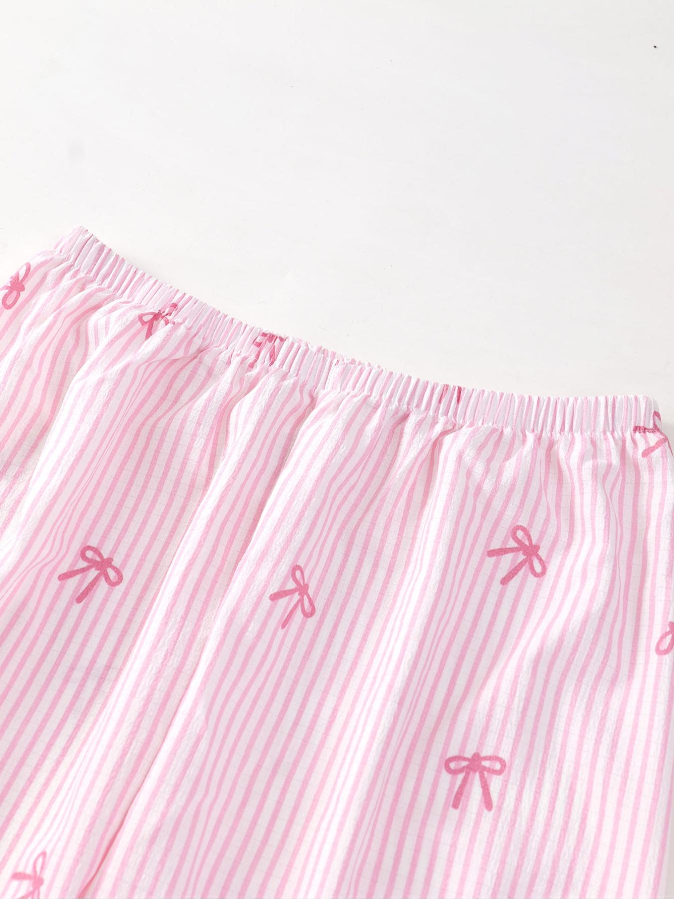 Women's Sleepwear Set Pajamas Breathable Striped Bow Design, Sweet & Fashionable Home Wear, Comfortable Nightgown for Women