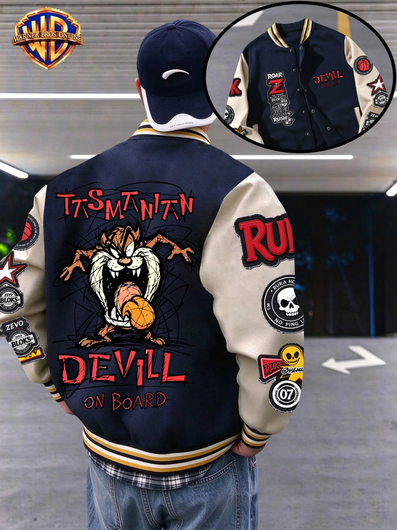Tasmanian Devil Basketball Print Jacket, Cartoon Letter Print Coat, Retro Street Style, Loose-Fit, Fall Winter Fashion, Unisex Couples Wear
