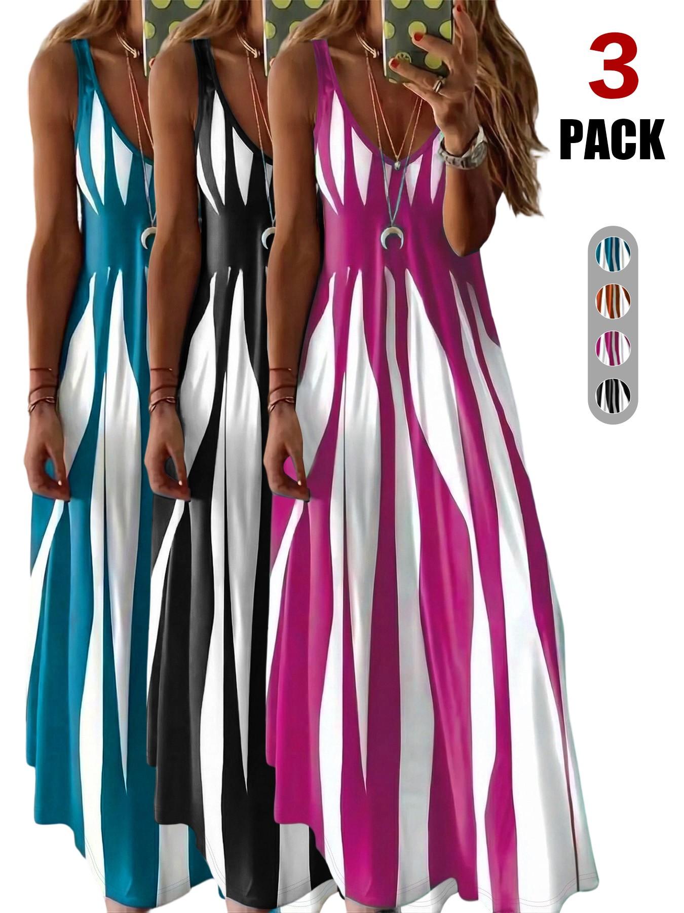 Women's Casual Boho Chic Slip Dress, Boho Style Dresses, Summer Dress, Color Block Print, V-Neck Sleeveless Long Dress, Boho Summer Clothes, Stylish and Comfortable for Daily Wear