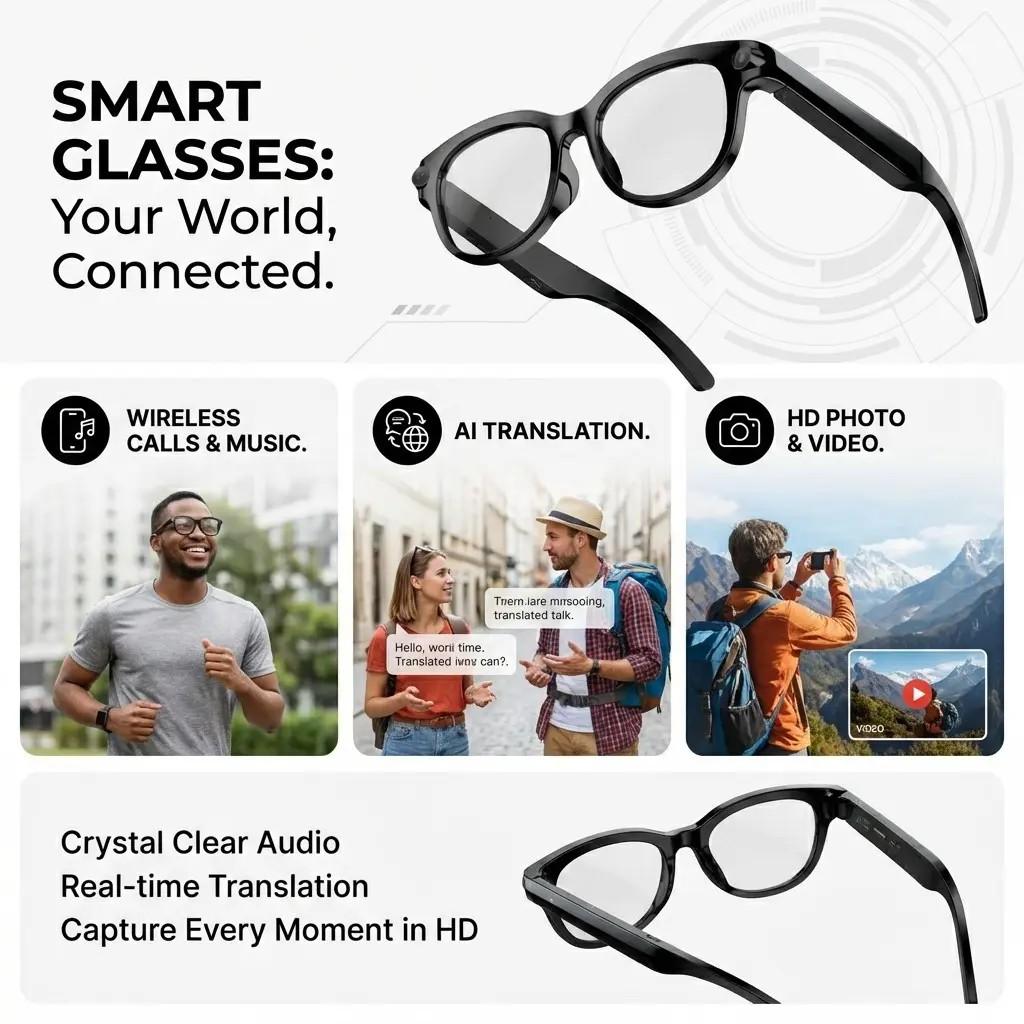 M89 Smart Bluetooth-compatible Glasses, HD Camera, Music Control, Wireless Calling, Object Recognition, Outdoor Sports, Multi-Functional Bluetooth-compatible