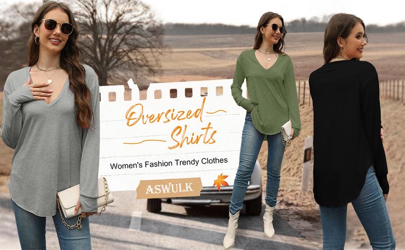 Aswulk Womens Deep V Neck Tunic Tops Long Sleeve Oversized Casual Loose Fit Curved Hem T Shirts
