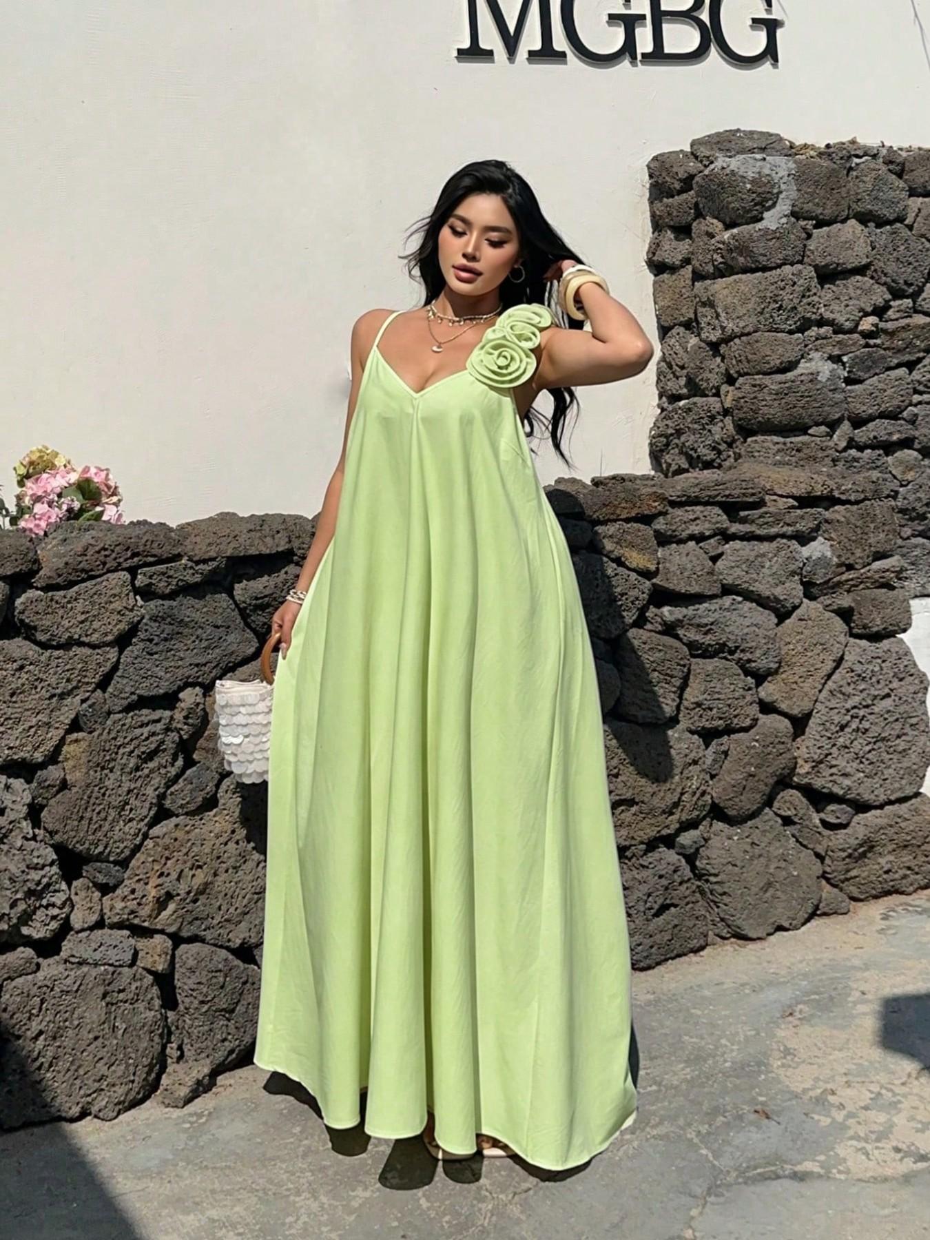 Pastel Light Green Floral 3D Rose Slip Maxi Dress, Flowy Lightweight Sleeveless Long Gown, Summer Boho Bohemian Vacation Outfit, Elegant Beach Garden Wedding Guest Dress
