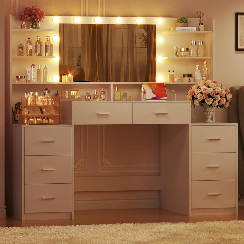 Large Vanity Desk with Mirror & Lights, White Makeup Vanity with 8 Drawers & 6 Storage Shelves, Vanity Set with LED Lights and Power Outlet, 3 Lighting Modes, Adjustable Brightness Large Vanity Desk with Mirror & Lights, White Makeup Vanity with 8 Drawers & 6 Storage Shelves, Vanity Set with LED Lights and Power Outlet, 3 Lighting Modes, Adjustable Brightness