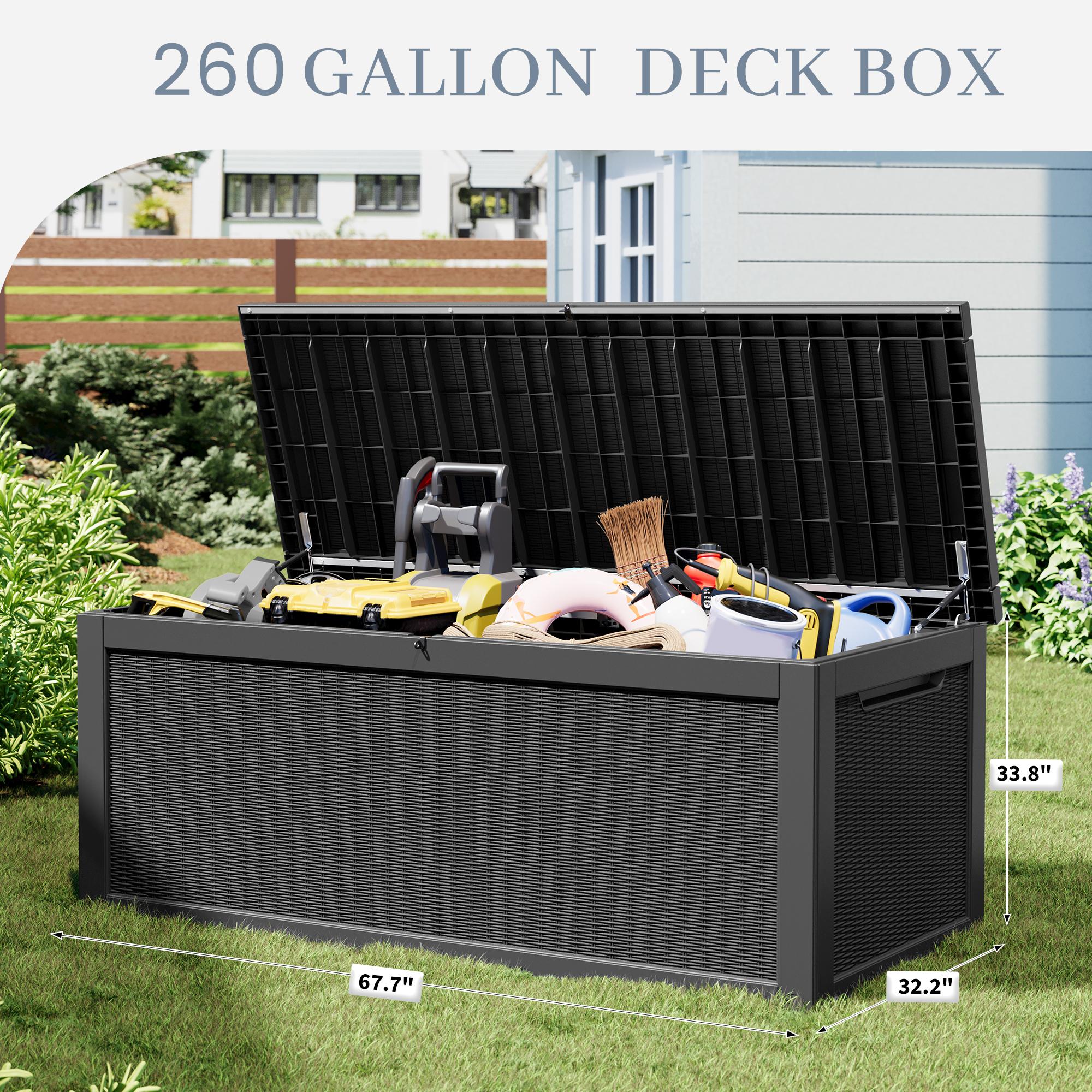 31/60/100/260 Gallon Resin Outdoor Storage Deck Box (padlock not included) – Waterproof, UV-Resistant, Multi-Functional, Lockable, Durable, Storage of tools
