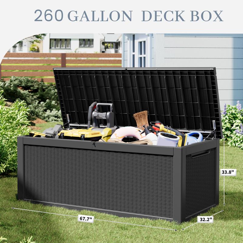 31/60/100/260 Gallon Resin Outdoor Storage Deck Box (padlock not included) – Waterproof, UV-Resistant, Multi-Functional, Lockable, Durable, Storage of tools