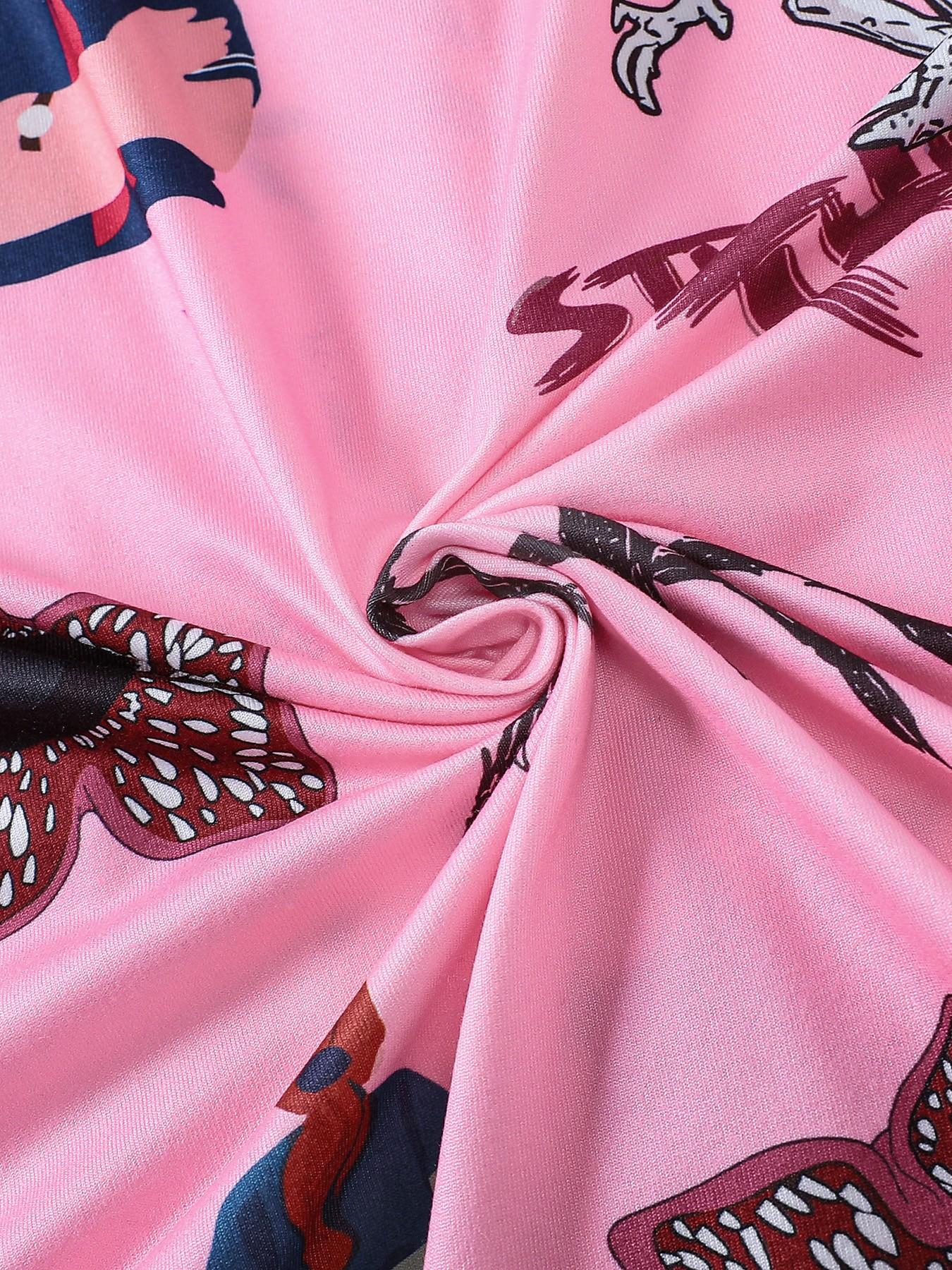 Stranger Things Cartoon All-Over Print 2-Piece Pajama Set for Women, Pink Girly Style Lapel Short Sleeve Top with Pocket & Elastic Waist Shorts, Soft Comfortable All-Season Casual Daily Loungewear Sleepwear