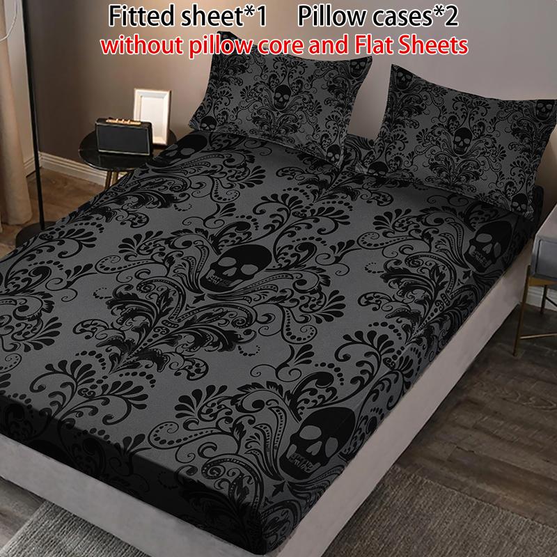 3 Pieces Black Skull Floral Fitted Sheet Set (1 Fitted Sheet + 2 Pillowcases without Pillows) High-Definition Digital Printing, Trendy Cool Bedroom Infused with Gothic Romance, Unlocks Niche Trendy Bedroom Style Bedding Accessories