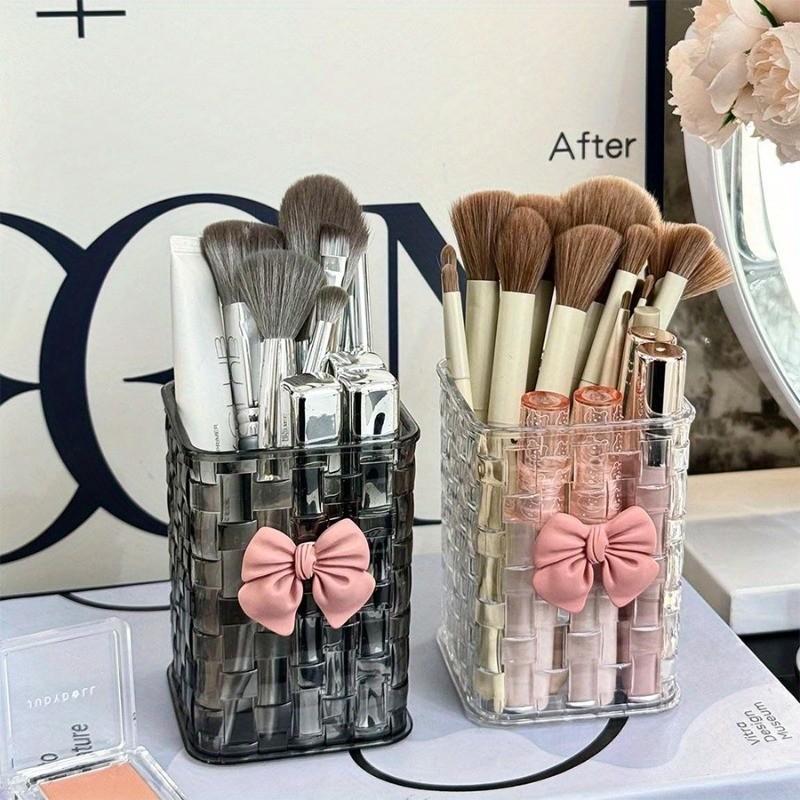 Transparent acrylic makeup brush holder + bow tie, creative makeup storage bucket, lipstick and pen organizer box, desktop decorative cosmetics storage box, Cosmetic Organizers, Clear Storage, Container Organizer