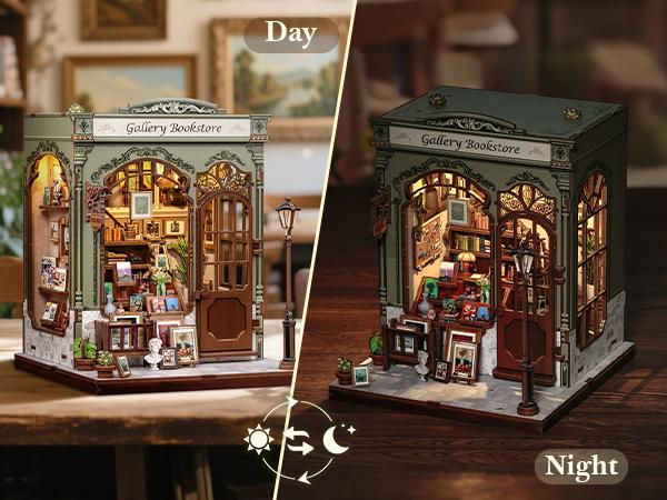 CUTEBEE DIY 3D Dollhouse Kit Gallery Bookstore Wooden Miniature House Book Nook with Handmade Details Tiny House Bookshelf Decor for Holiday Christmas and Black Friday Gift