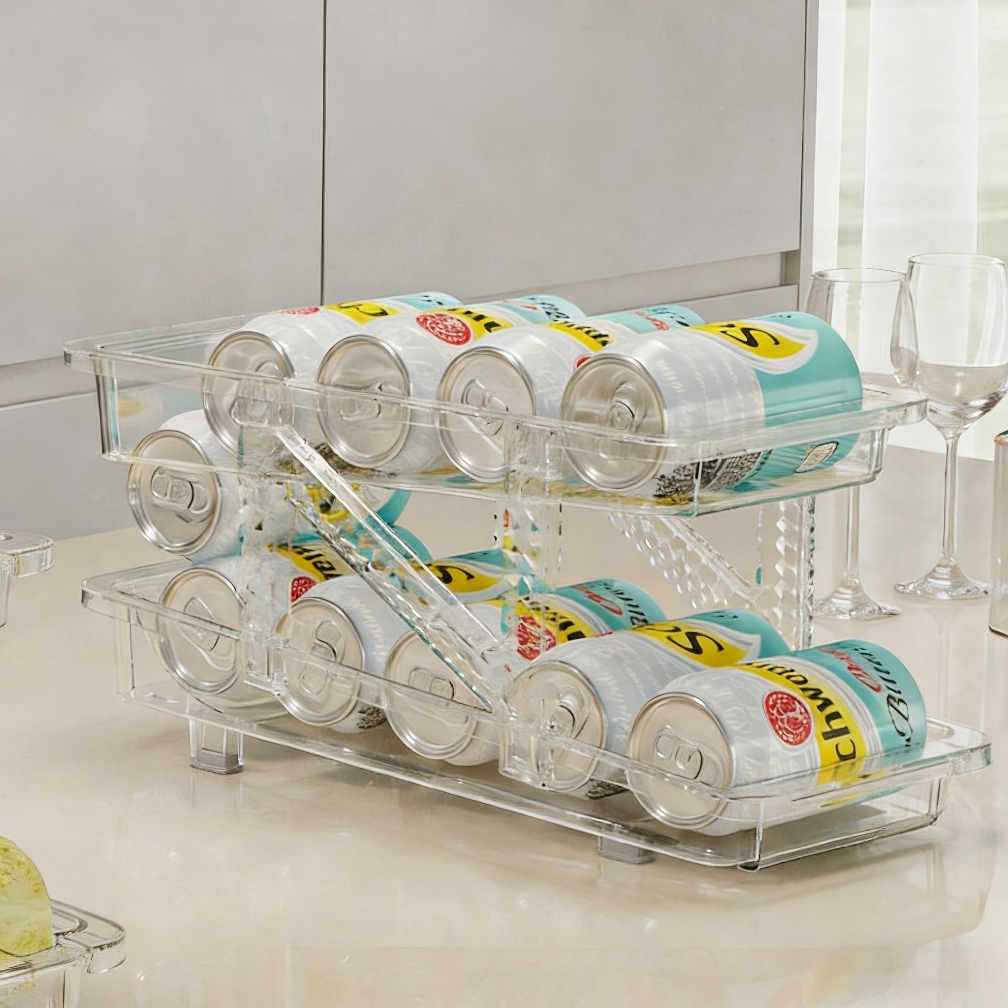 Large Capacity Can Organizing Rack for Food Storage, Transparent Plastic 2-Layer Rolling Soda Can Holder, Space Saving Food Organizer