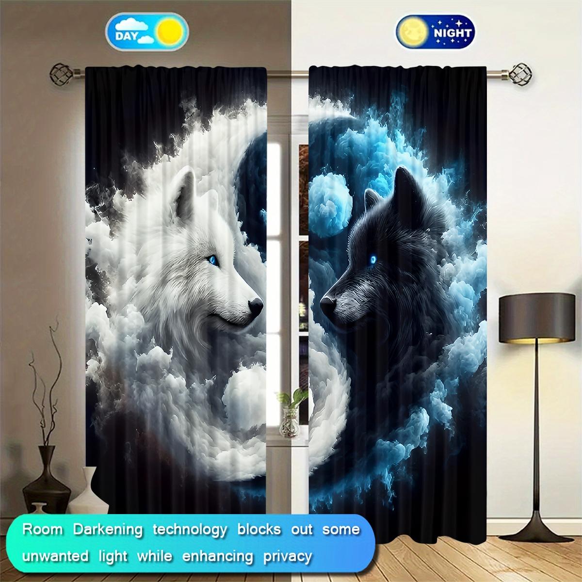 2-Piece & Wolf Cloud Moon Scene Digital Print Curtains, Semi-Transparent Polyester Fabric, Rod Pocket Design, Bedroom Living Room Decor