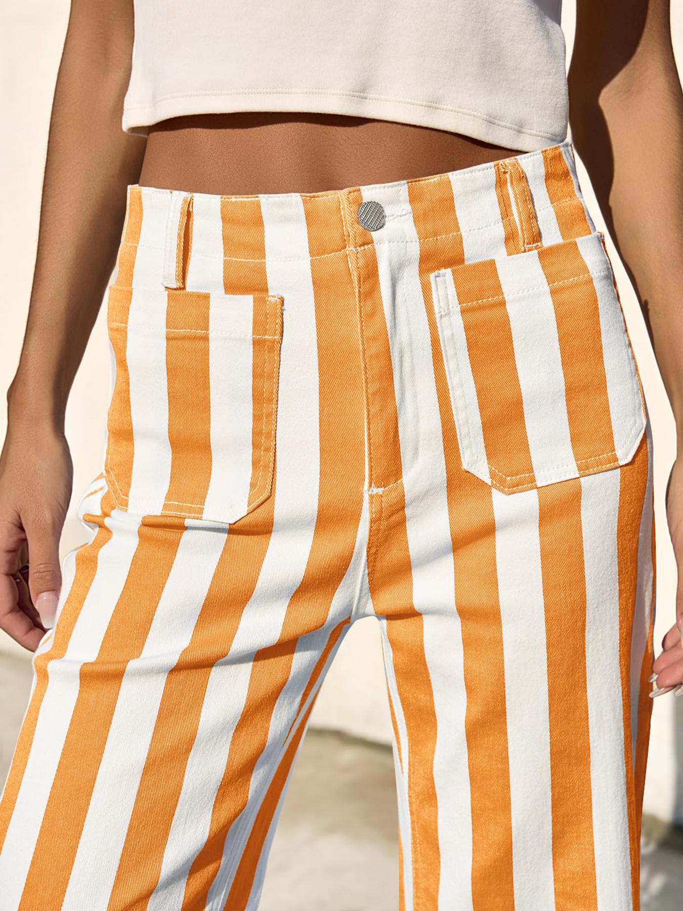 Aswulk Womens Cropped Striped Jeans Casual High Waisted Stretchy Straight Leg Denim Pants with Pockets