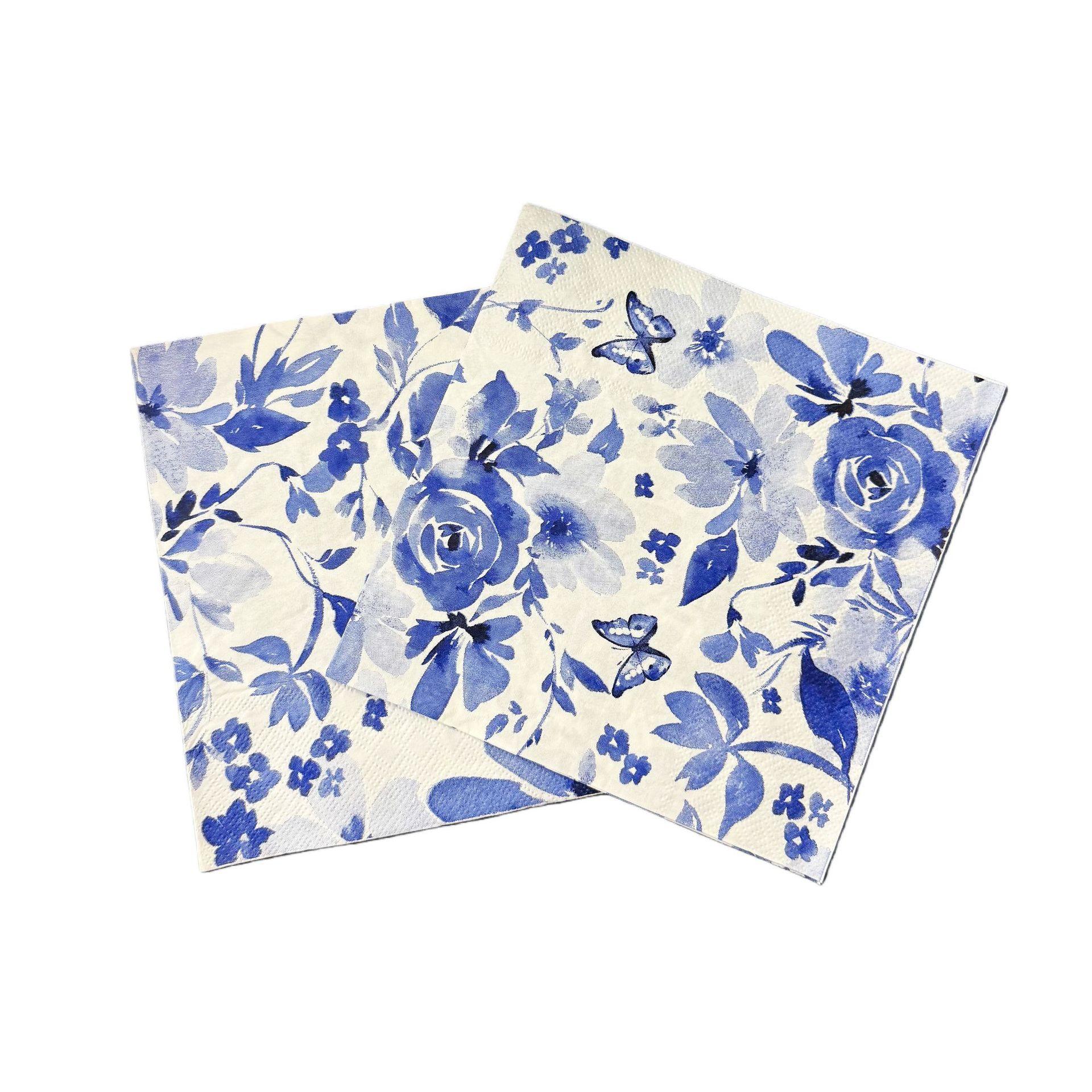 Blue Floral Bird Pattern Napkins, 2 Packs (20 Sheets/pack), Traditional Style Disposable Napkins for Wedding Party Decorations